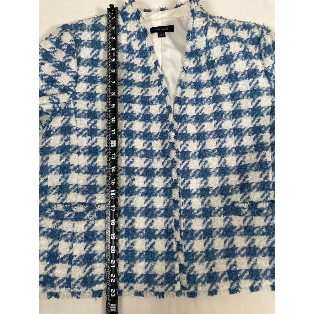 Ann Taylor Blue White Tweed Fringe The Cutaway Jacket Women’s Large Open Front